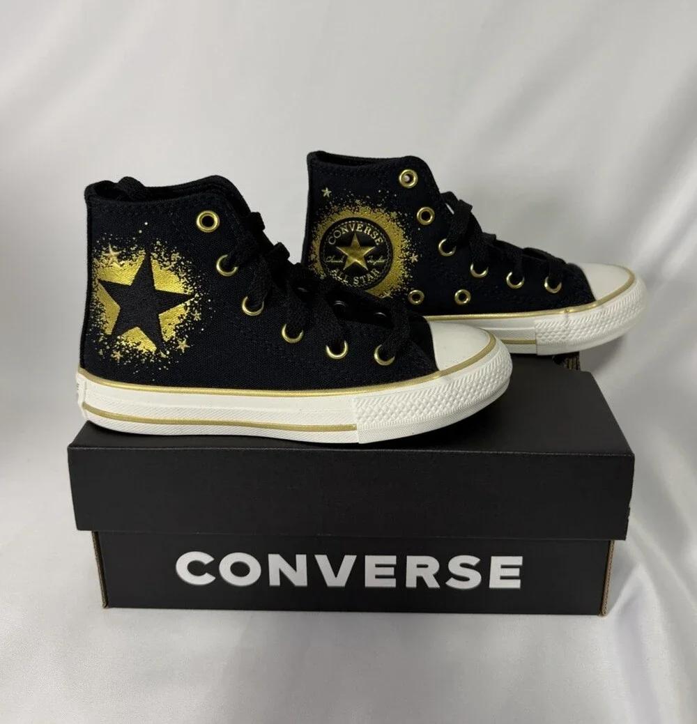 NIB Kids Size 11 Converse ALL STAR Black With Gold Star High Top Gold & Black